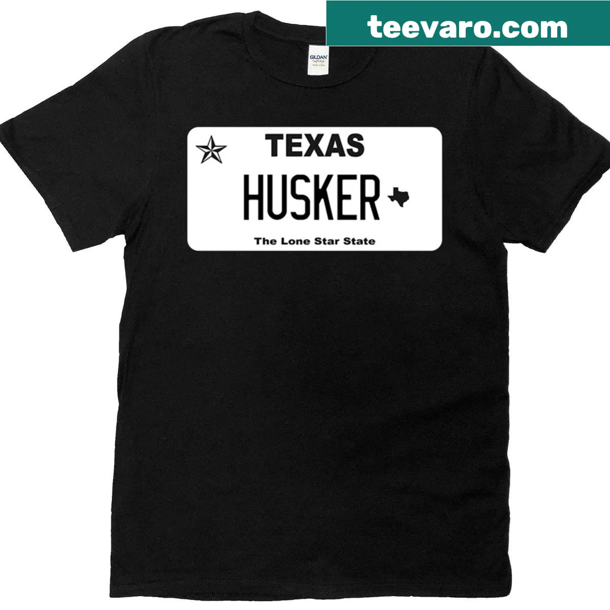 T-shirt featuring Texas Husker license plate design — on a men's t-shirt