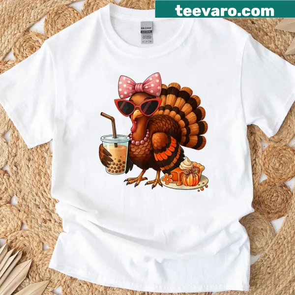 Cute cartoon turkey drinking bubble tea T-shirt for Thanksgiving