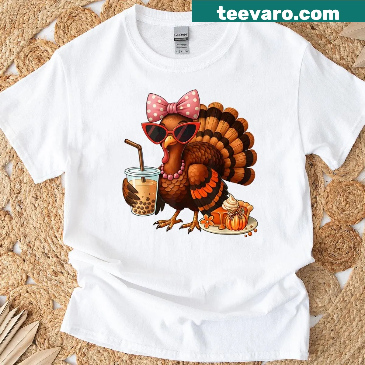 Cute cartoon turkey drinking bubble tea T-shirt for Thanksgiving — on a men's t-shirt
