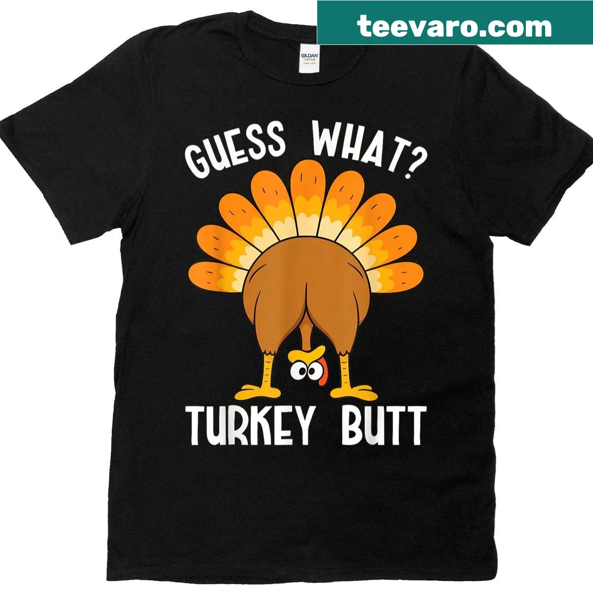 Couples matching t-shirt with the phrase 'Guess What Turkey Butt' — on a men's t-shirt