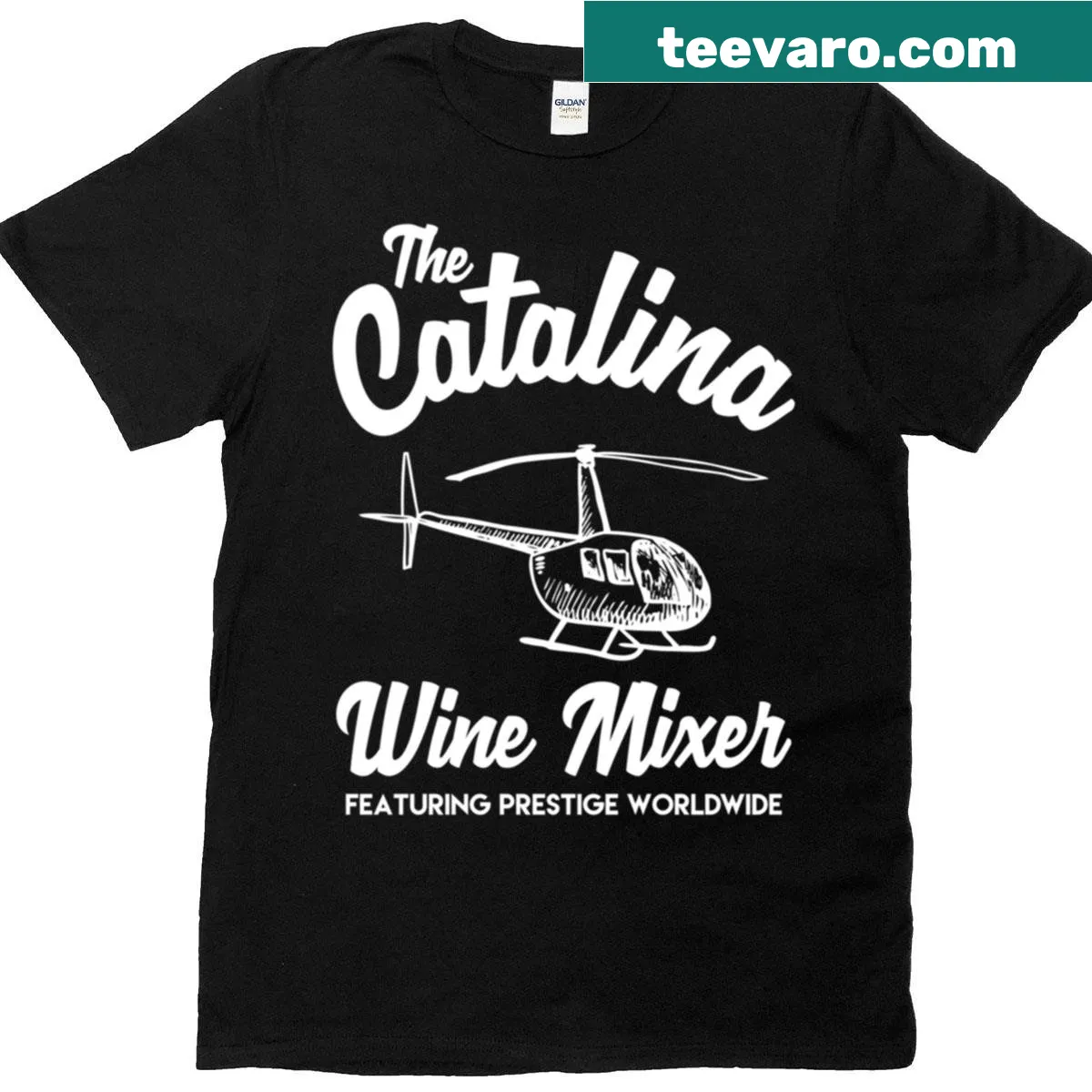 Graphic t-shirt featuring 'Prestige Worldwide' from the Catalina Wine Mixer — on a men's t-shirt