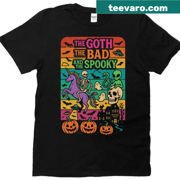 Humorous Halloween t-shirt with gothic elements and playful design