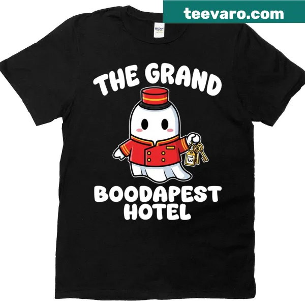 Halloween t-shirt featuring a ghost graphic inspired by the Grand Boodapest Hotel