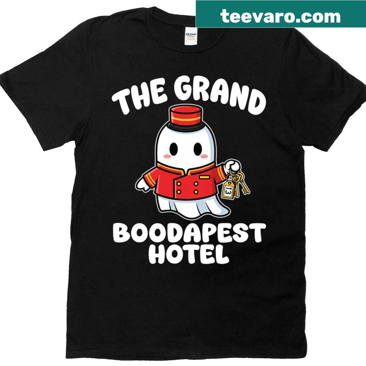 Halloween t-shirt featuring a ghost graphic inspired by the Grand Boodapest Hotel — on a men's t-shirt
