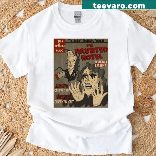 Eerie haunted hotel graphic t-shirt featuring ghosts and shadows