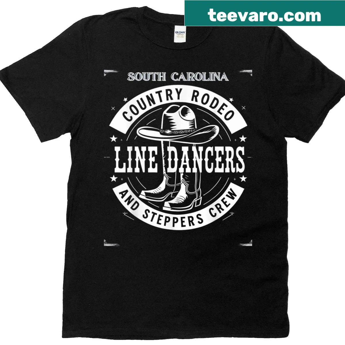 Official rodeo line dancers and steppers emblem on t-shirt — on a men's t-shirt