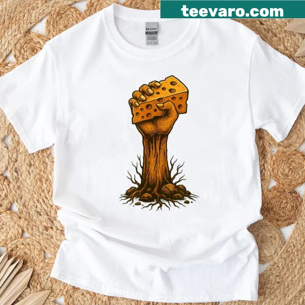 Shirt featuring a whimsical hand graphic with cheesy character design.