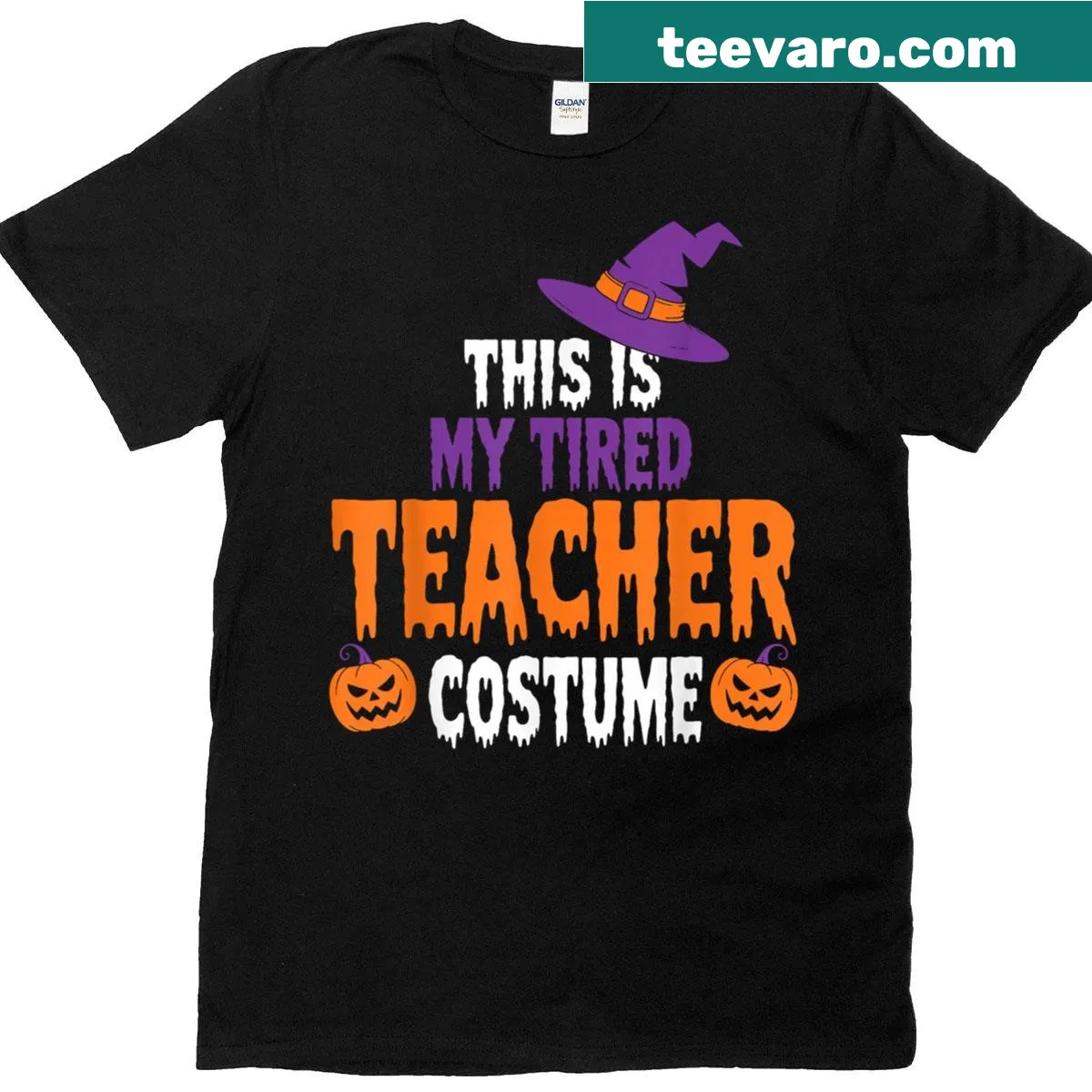 Funny T-shirt for teachers with 'This Is My Tired Teacher Costume' text — on a men's t-shirt