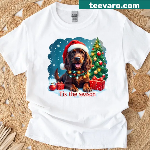 Christmas T-shirt featuring a Boykin Spaniel with festive decorations
