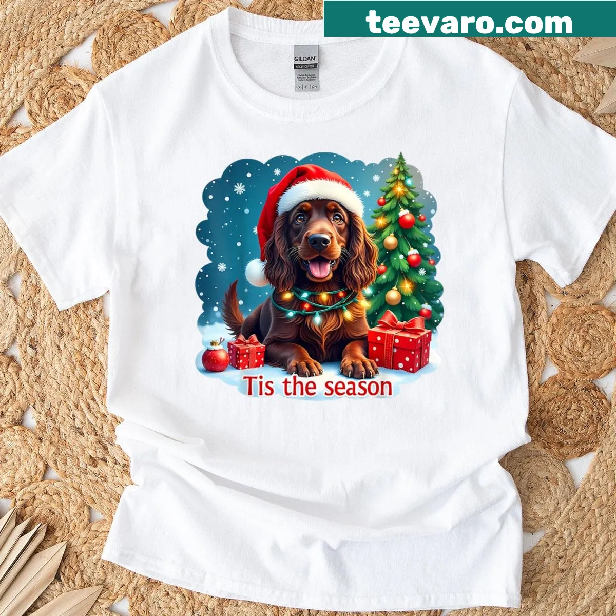 Christmas T-shirt featuring a Boykin Spaniel with festive decorations — on a men's t-shirt