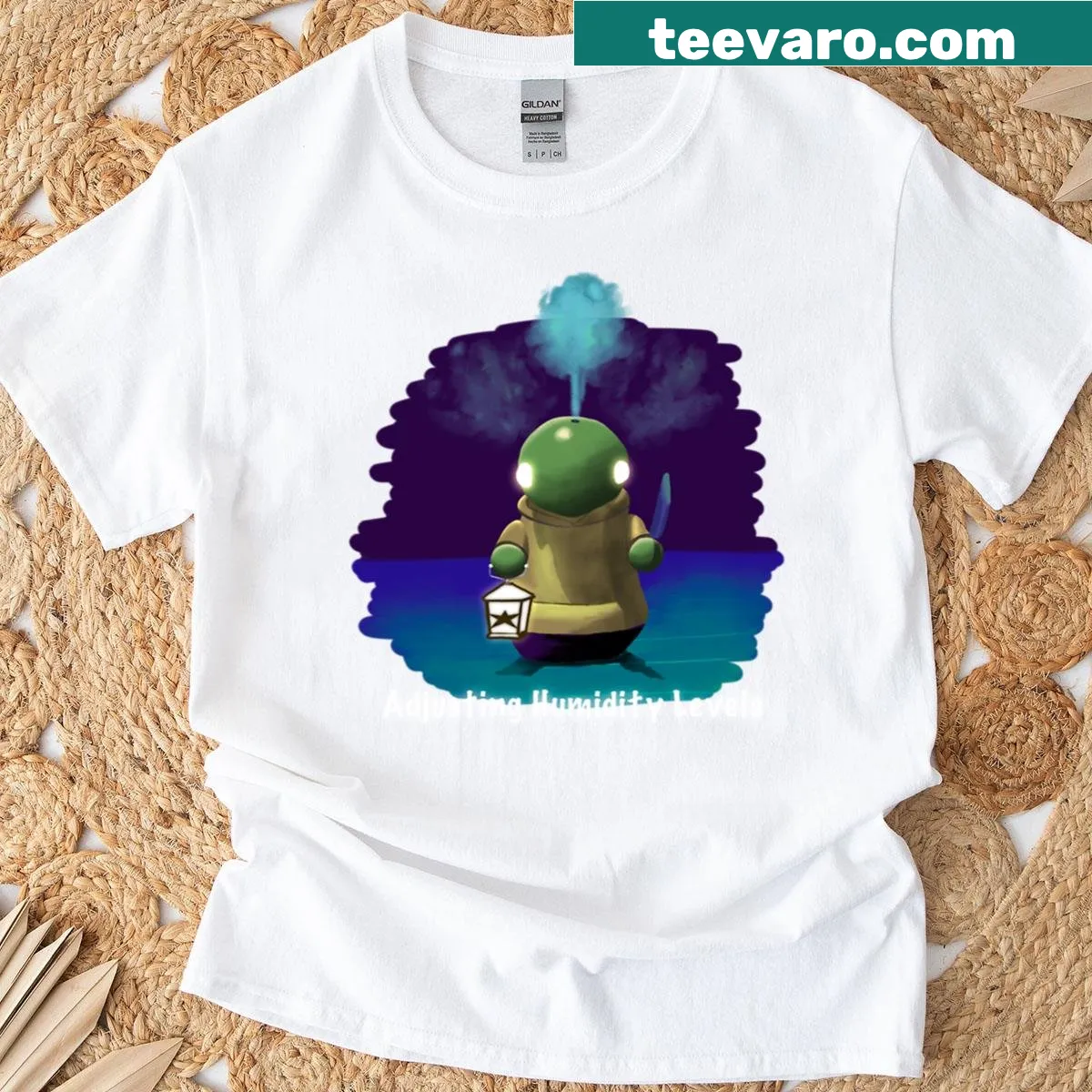 Tonberry character with humidifier in haunted hotel graphic shirt — on a men's t-shirt