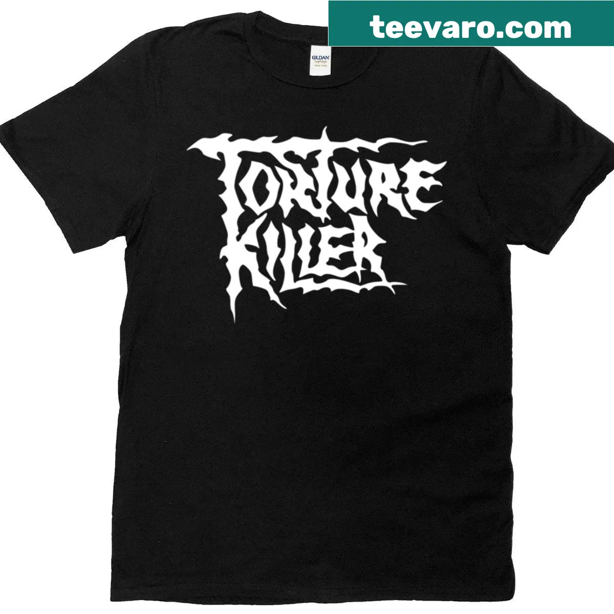 Bold Torture Killer Band t-shirt with emblem logo design — on a men's t-shirt