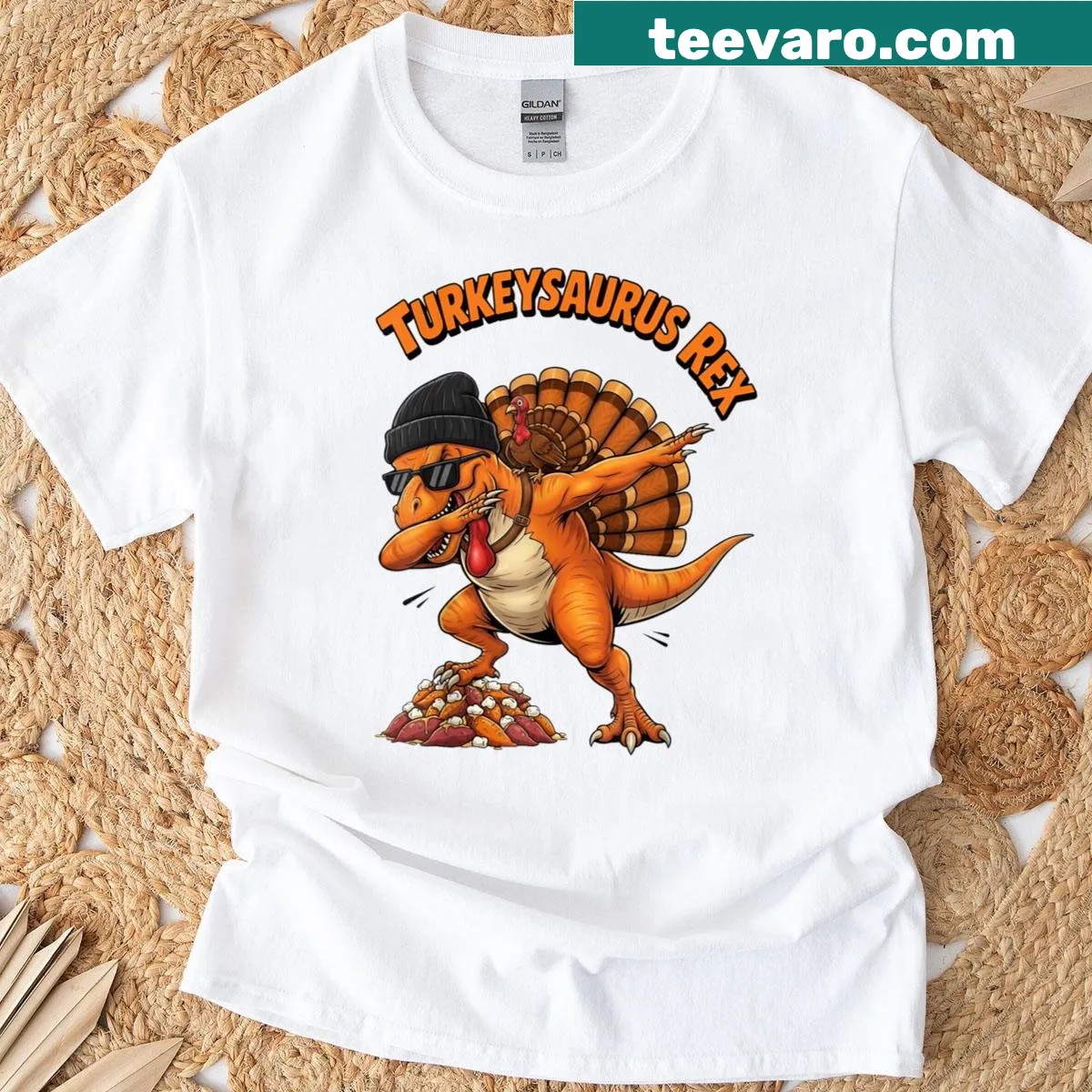Cartoon dabbing Turkeysaurus Rex for Thanksgiving — on a men's t-shirt