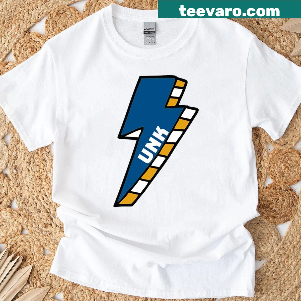 UNK University of Nebraska Kearney T-shirt with lightning bolt logo — on a men's t-shirt