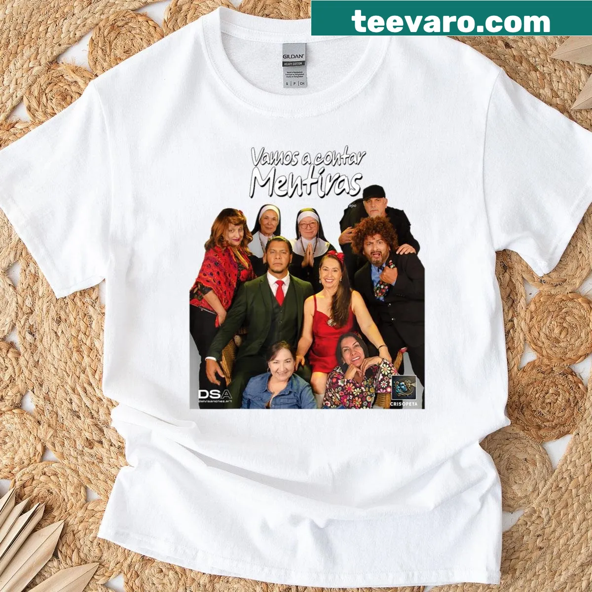 Funny T-shirt with 'Vamos A Contar Mentiras' text and background. — on a men's t-shirt