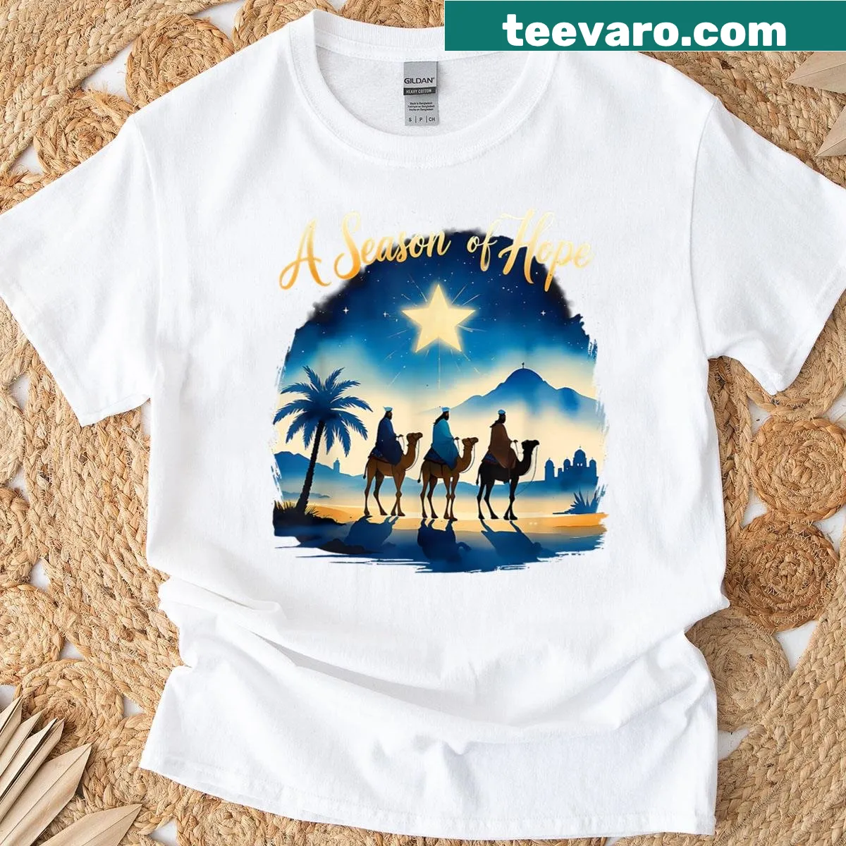 Vintage Christmas t-shirt featuring the Three Kings and symbols of faith — on a men's t-shirt