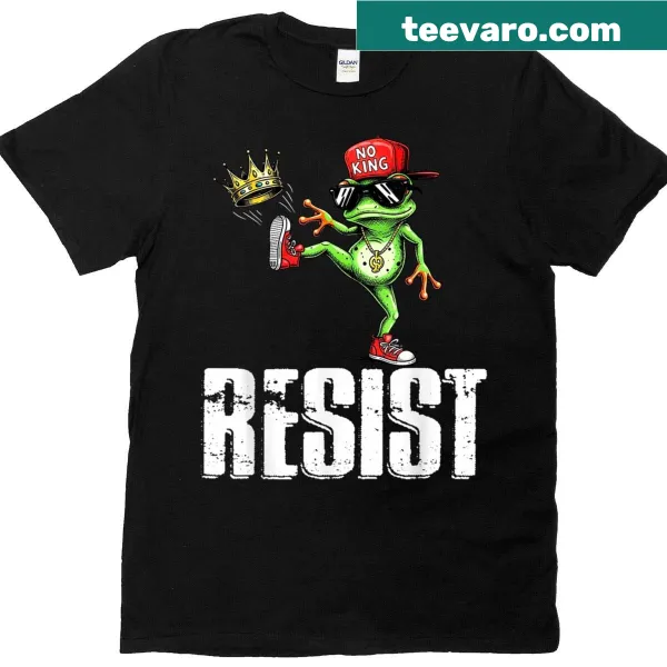 Cartoon frog graphic on vintage-style T-shirt with 'Resist No King' text