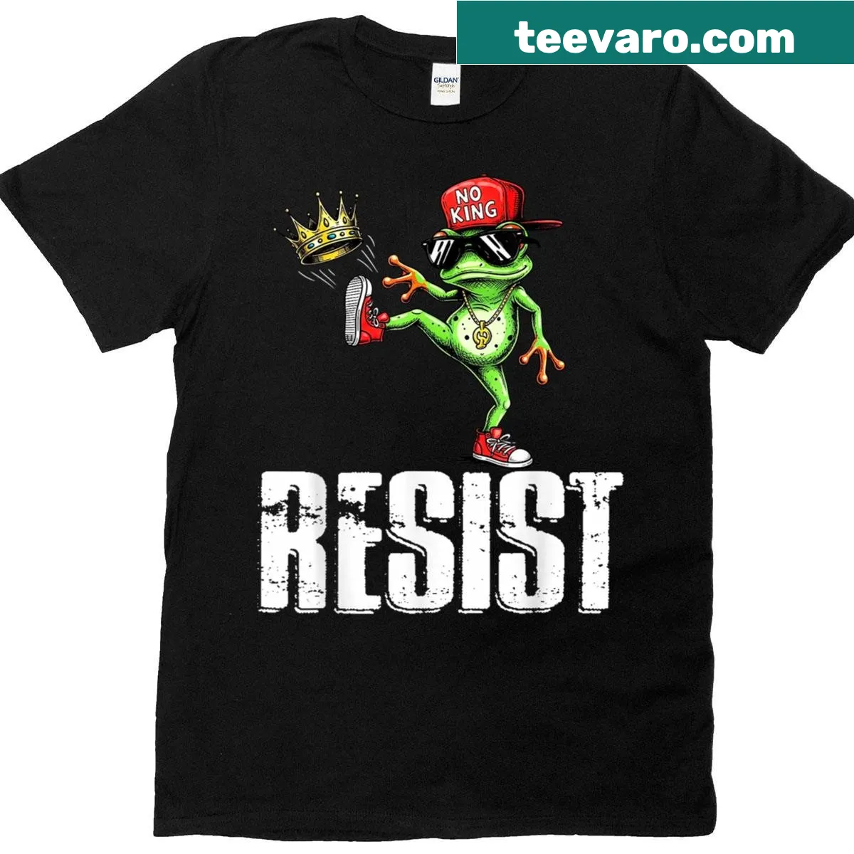 Cartoon frog graphic on vintage-style T-shirt with 'Resist No King' text — on a men's t-shirt