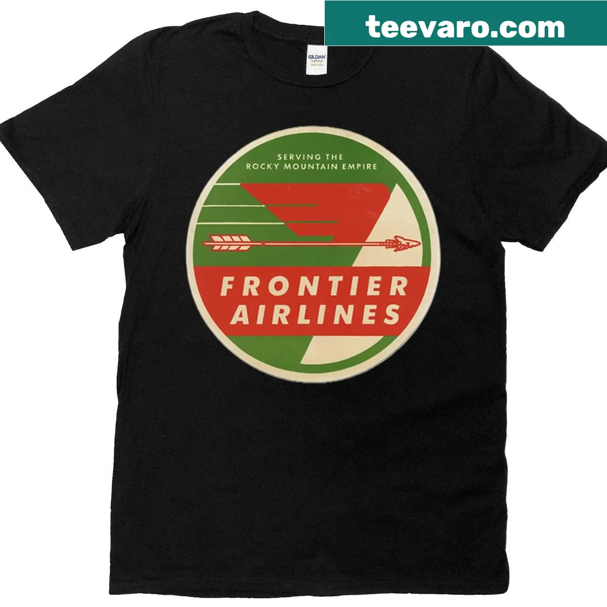 Retro Frontier Airlines logo t-shirt for aviation enthusiasts — on a men's t-shirt