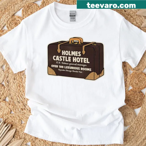 Vintage-style T-shirt featuring an advertisement for Holmes Castle Hotel.
