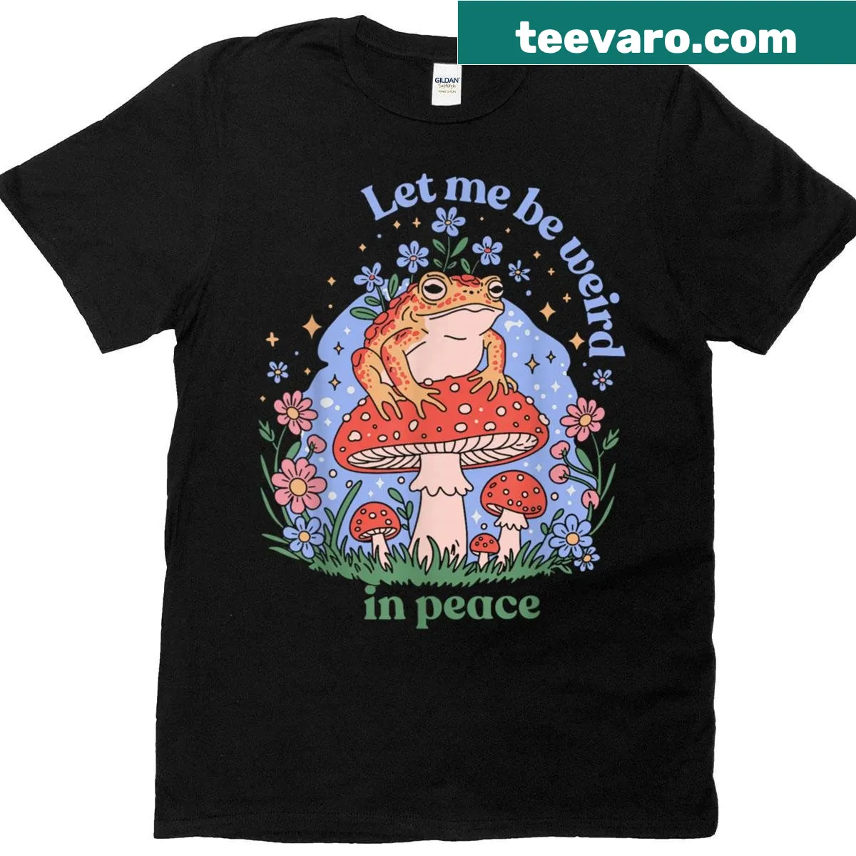 Cottagecore T-shirt featuring a whimsical frog and mushrooms graphic — on a men's t-shirt