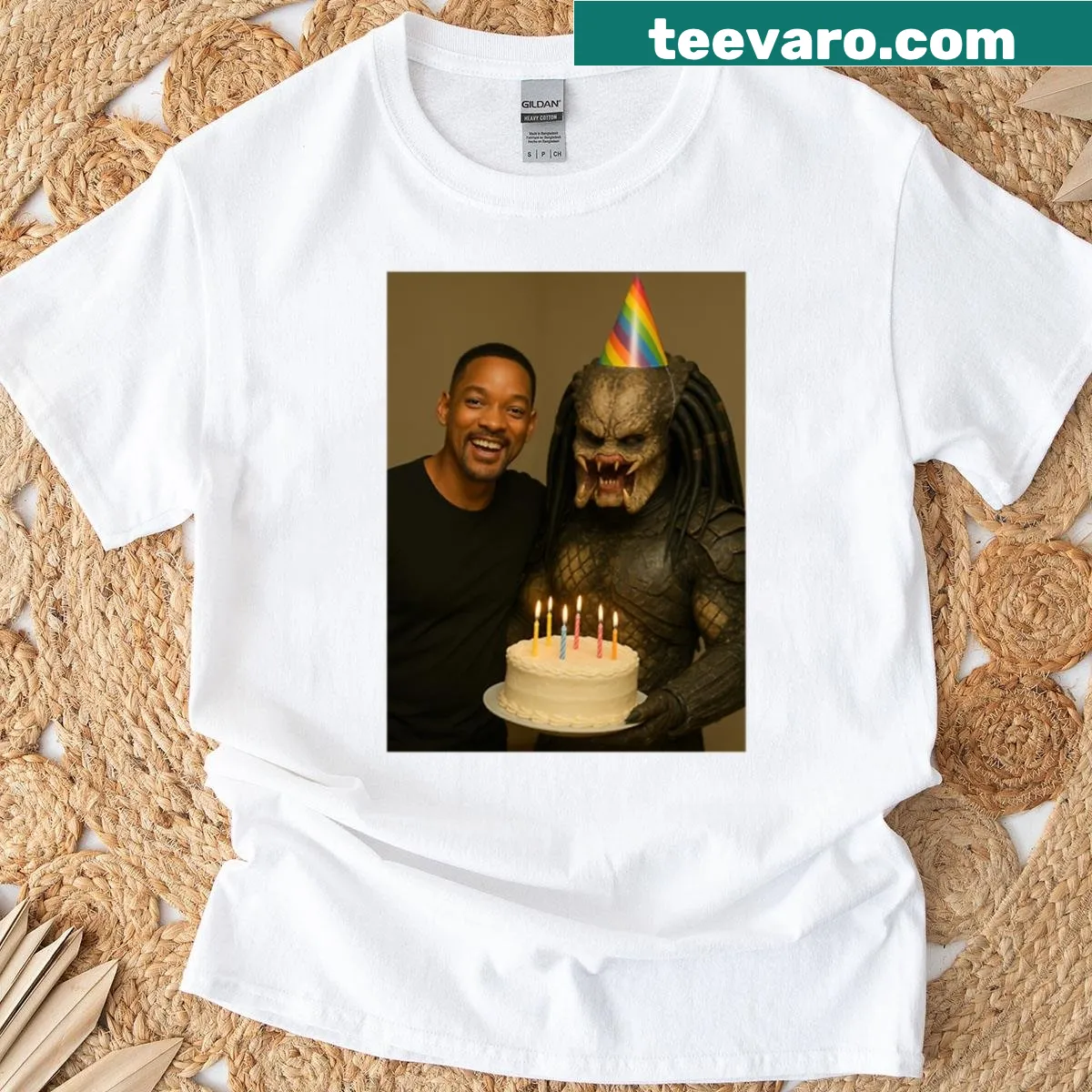 Funny t-shirt with Will Smith, xenomorph, and party hat graphics — on a men's t-shirt