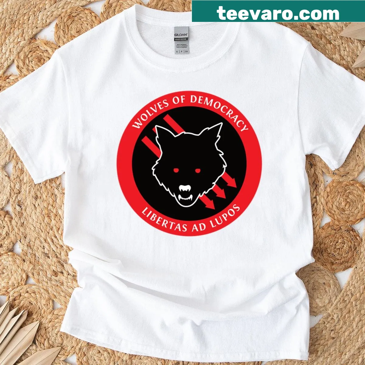 Wolf logo graphic on a T-shirt representing democracy — on a men's t-shirt