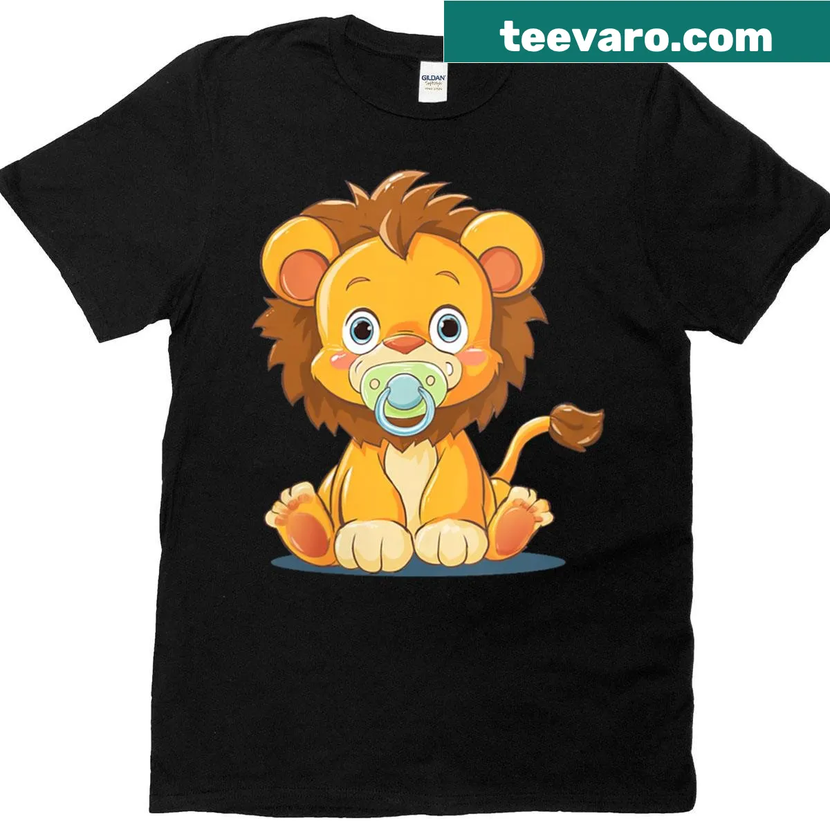 Cute baby lion with pacifier graphic on a women's t-shirt — on a men's t-shirt