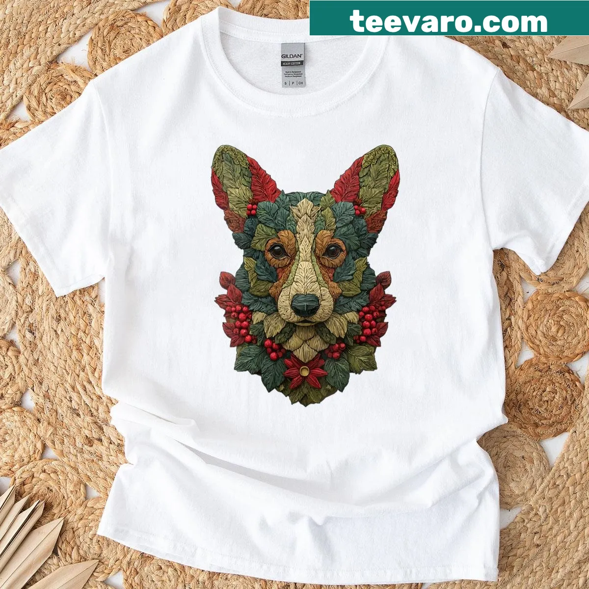 Festive T-shirt featuring a corgi with leaves and berries for Christmas — on a men's t-shirt