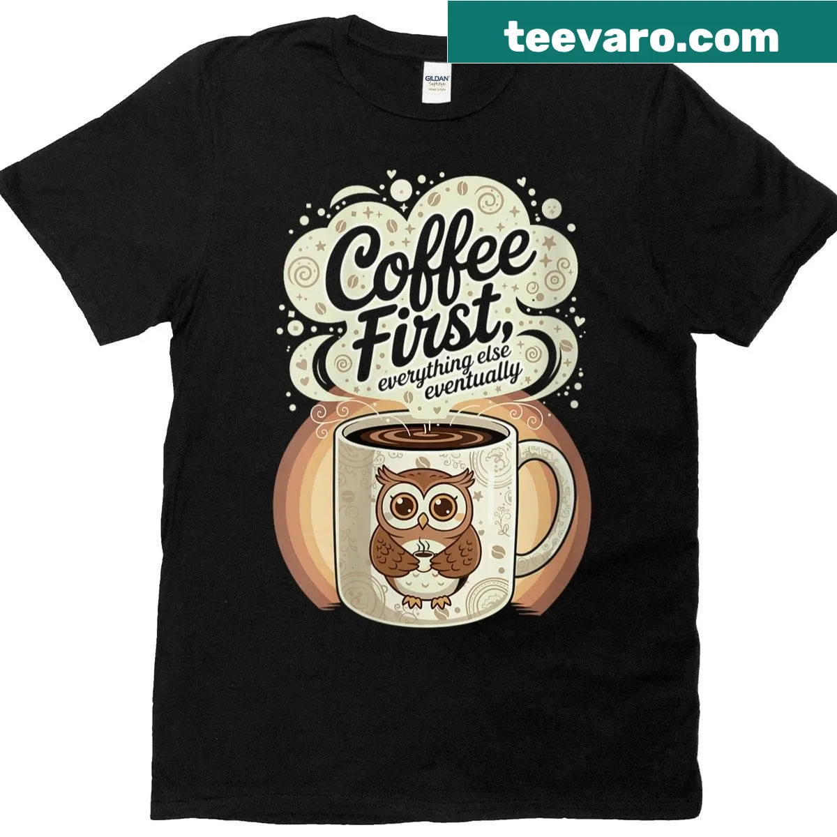 Cute T-shirt with owl design and 'Coffee First' text — on a men's t-shirt