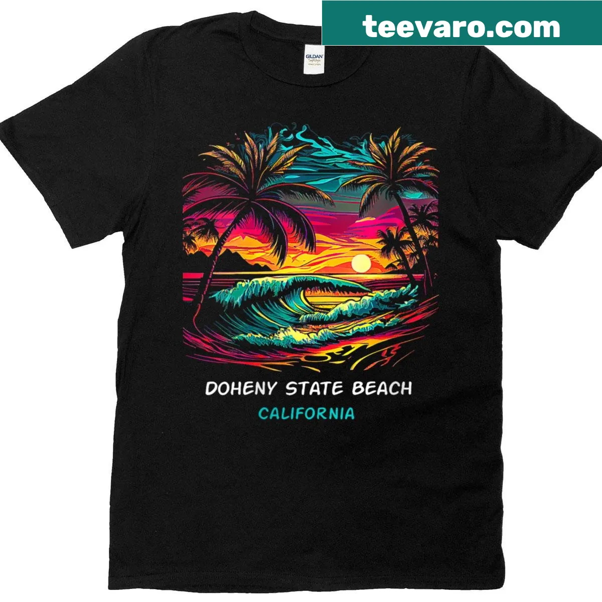 Illustrated T-shirt featuring Doheny State Beach in California — on a men's t-shirt