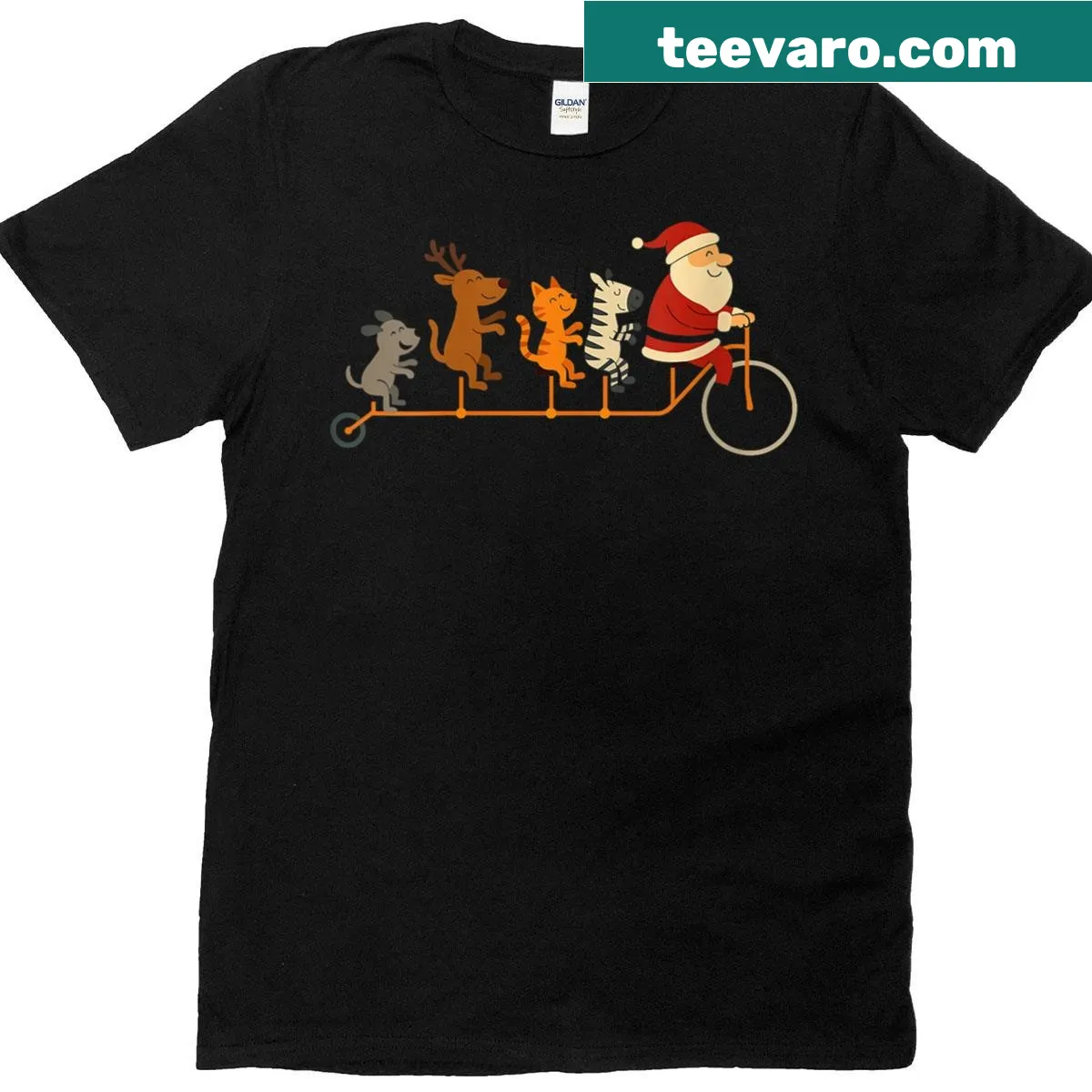 Funny Christmas shirt featuring Santa on a bike with animals — on a men's t-shirt