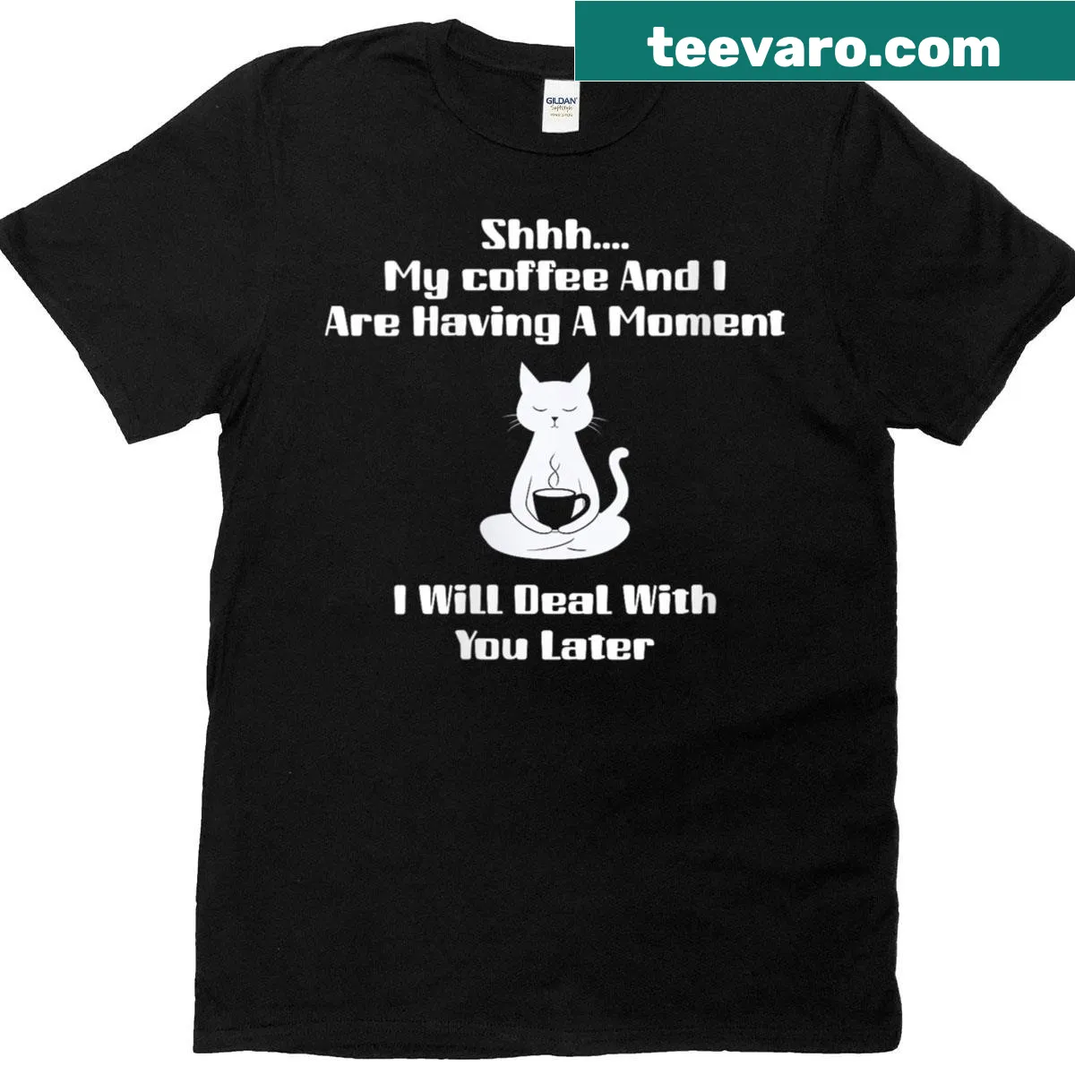 Cute cat design with humorous coffee quote T-shirt. — on a men's t-shirt