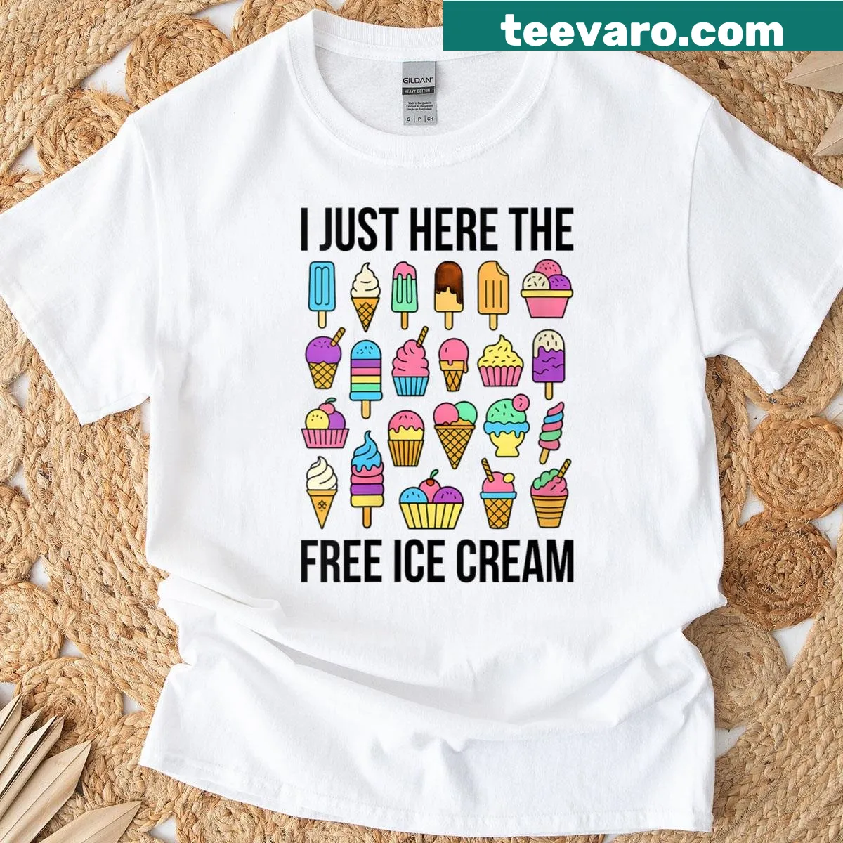 Playful T-shirt with 'I'm Just Here For The Free Ice Cream' text — on a men's t-shirt