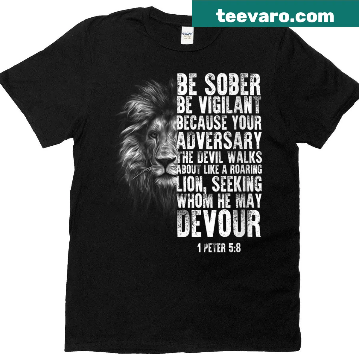 Lion head graphic with Bible verse on a women's t-shirt — on a men's t-shirt