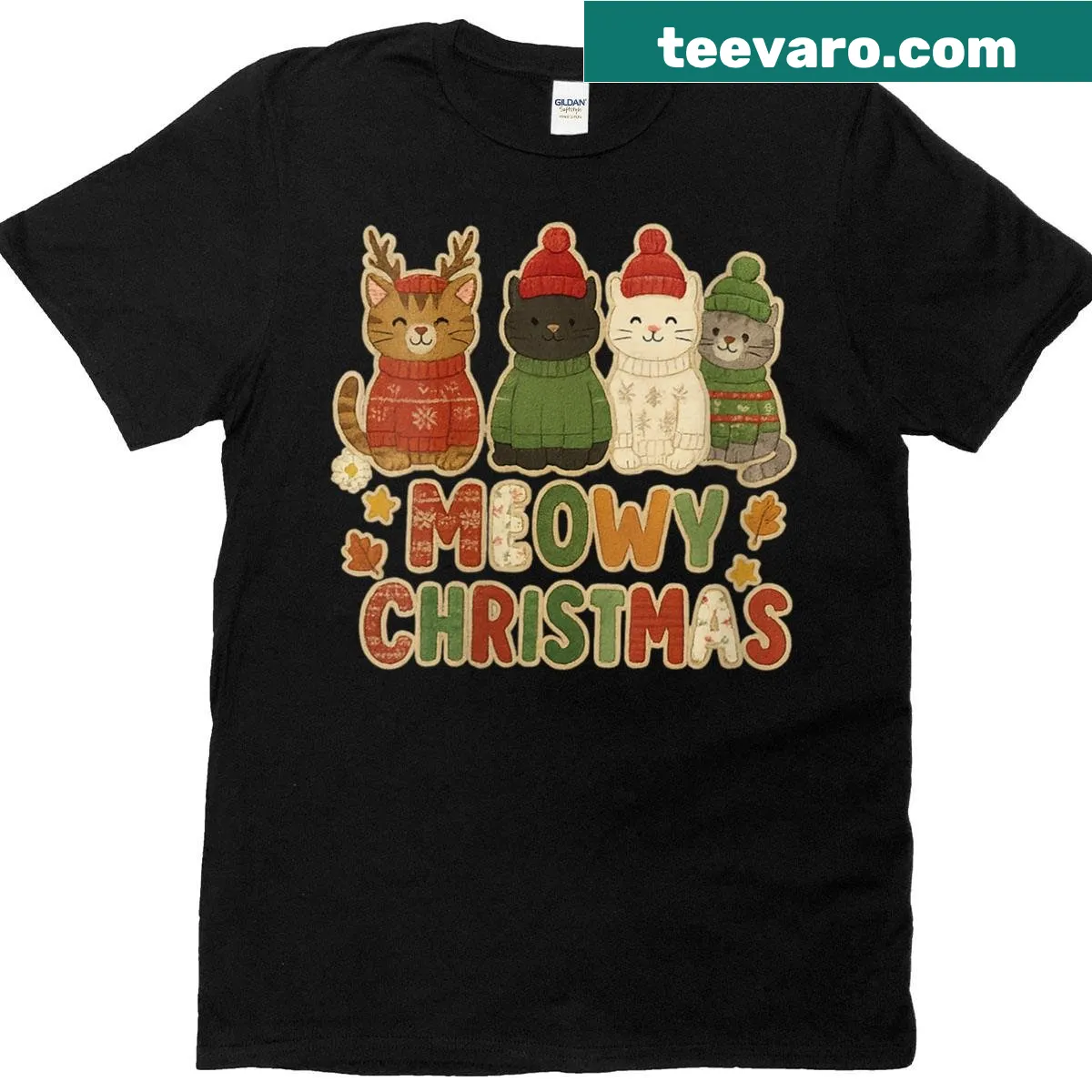Cute retro holiday T-shirt with 'Meowy Christmas' and cat graphics — on a men's t-shirt