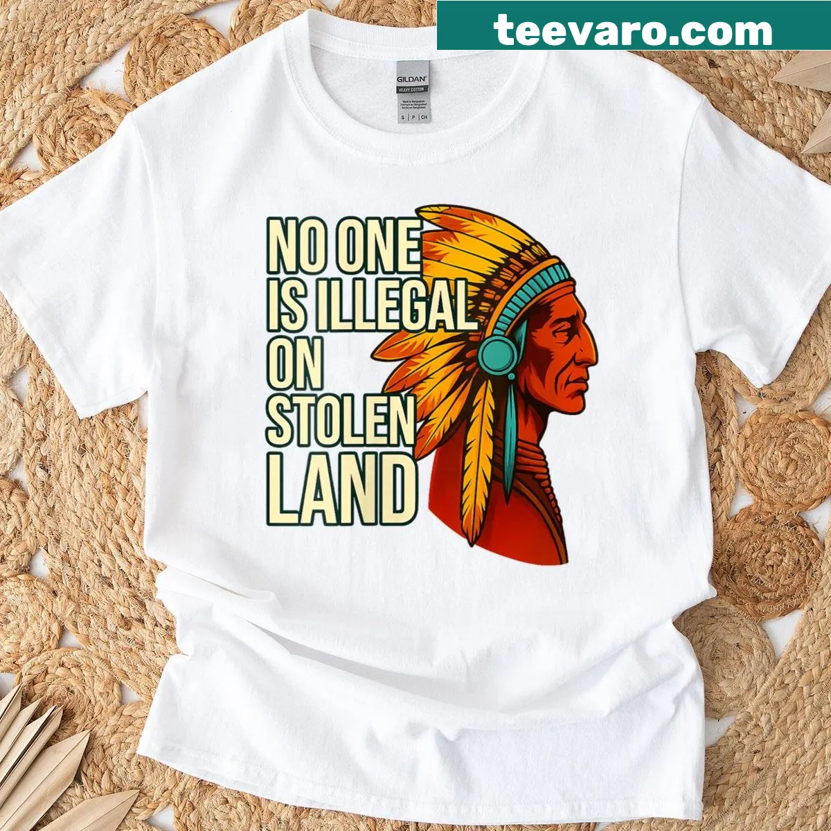 Vintage-style shirt with Native American rights message — on a men's t-shirt
