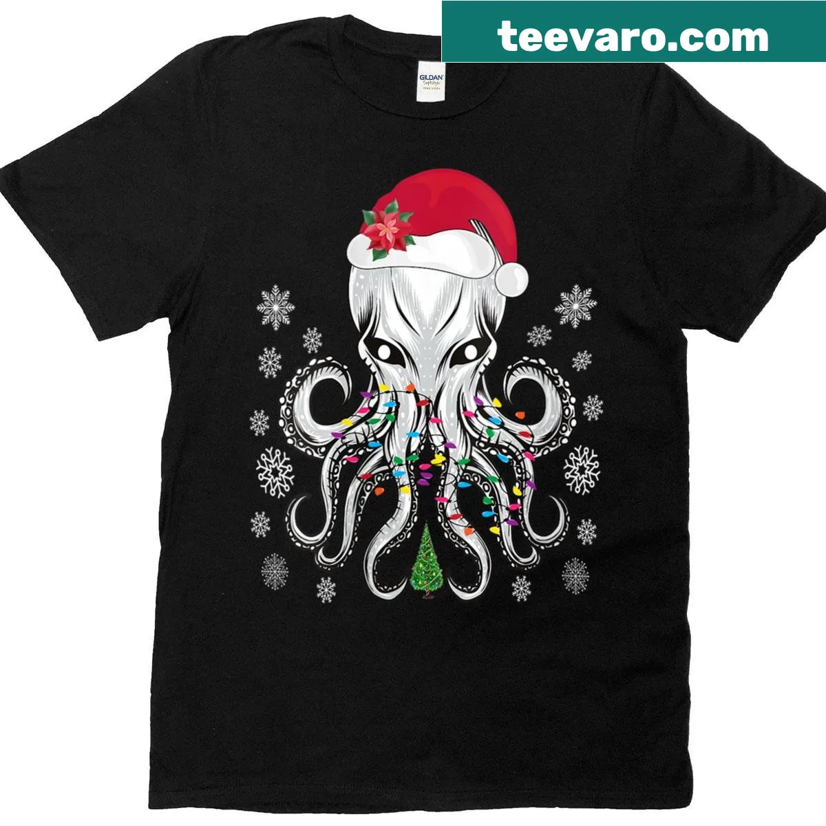Cute Christmas T-shirt featuring an octopus in a Santa hat — on a men's t-shirt