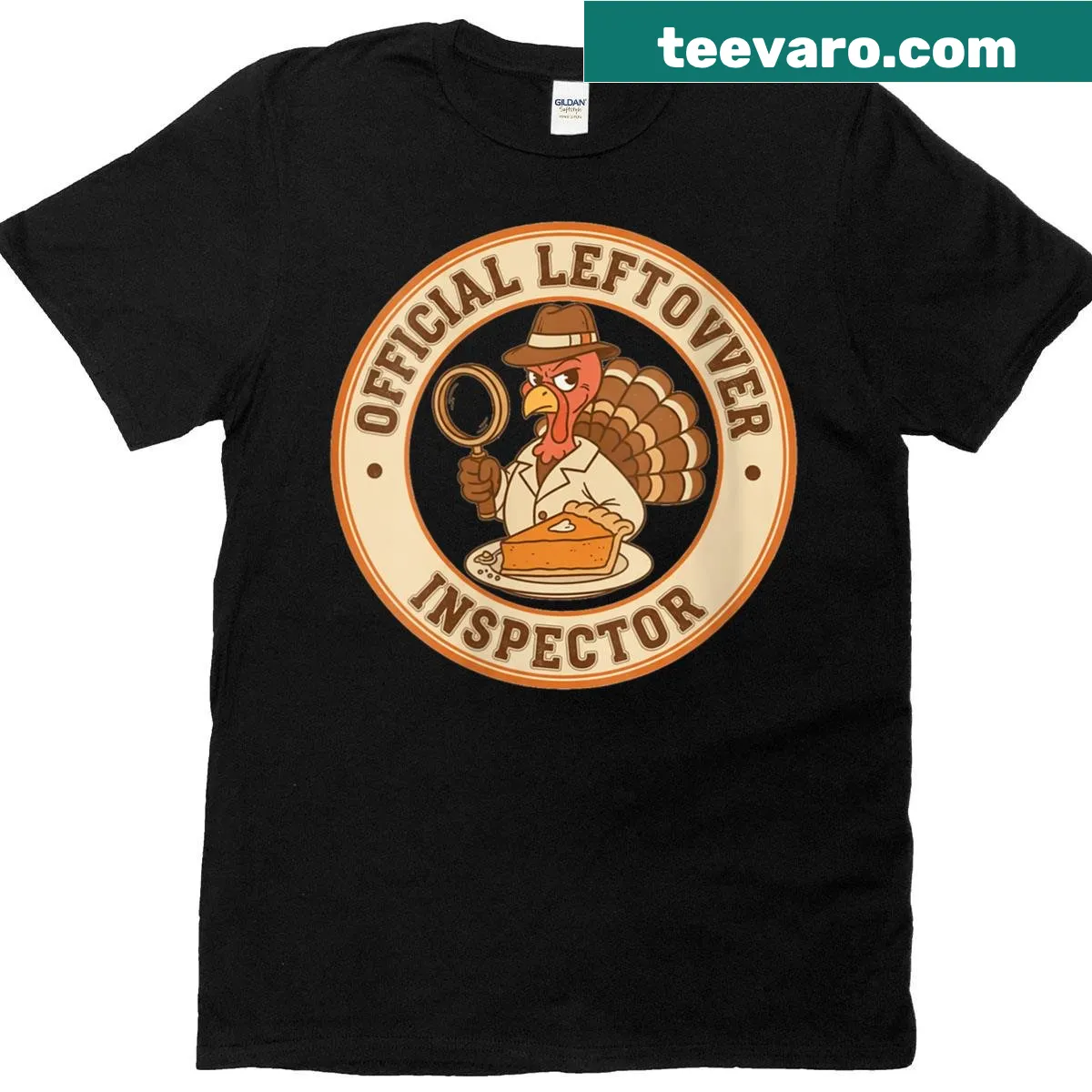 Funny Thanksgiving T-shirt with 'Official Leftover Inspector' text — on a men's t-shirt
