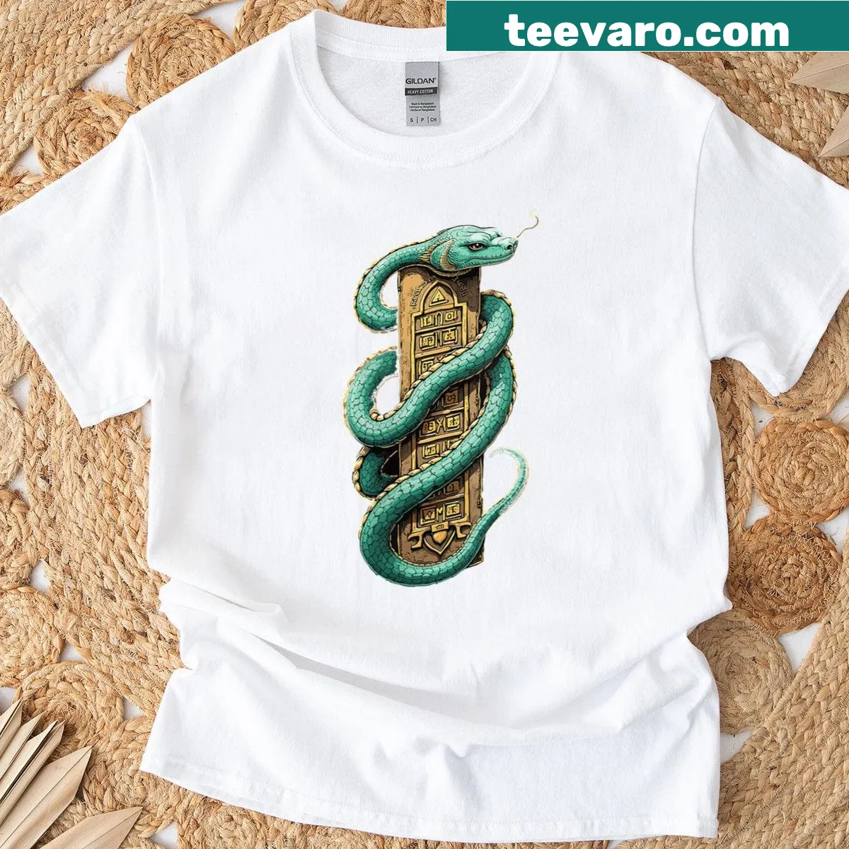 Illustrated t-shirt featuring Quetzalcoatl from Aztec mythology. — on a men's t-shirt