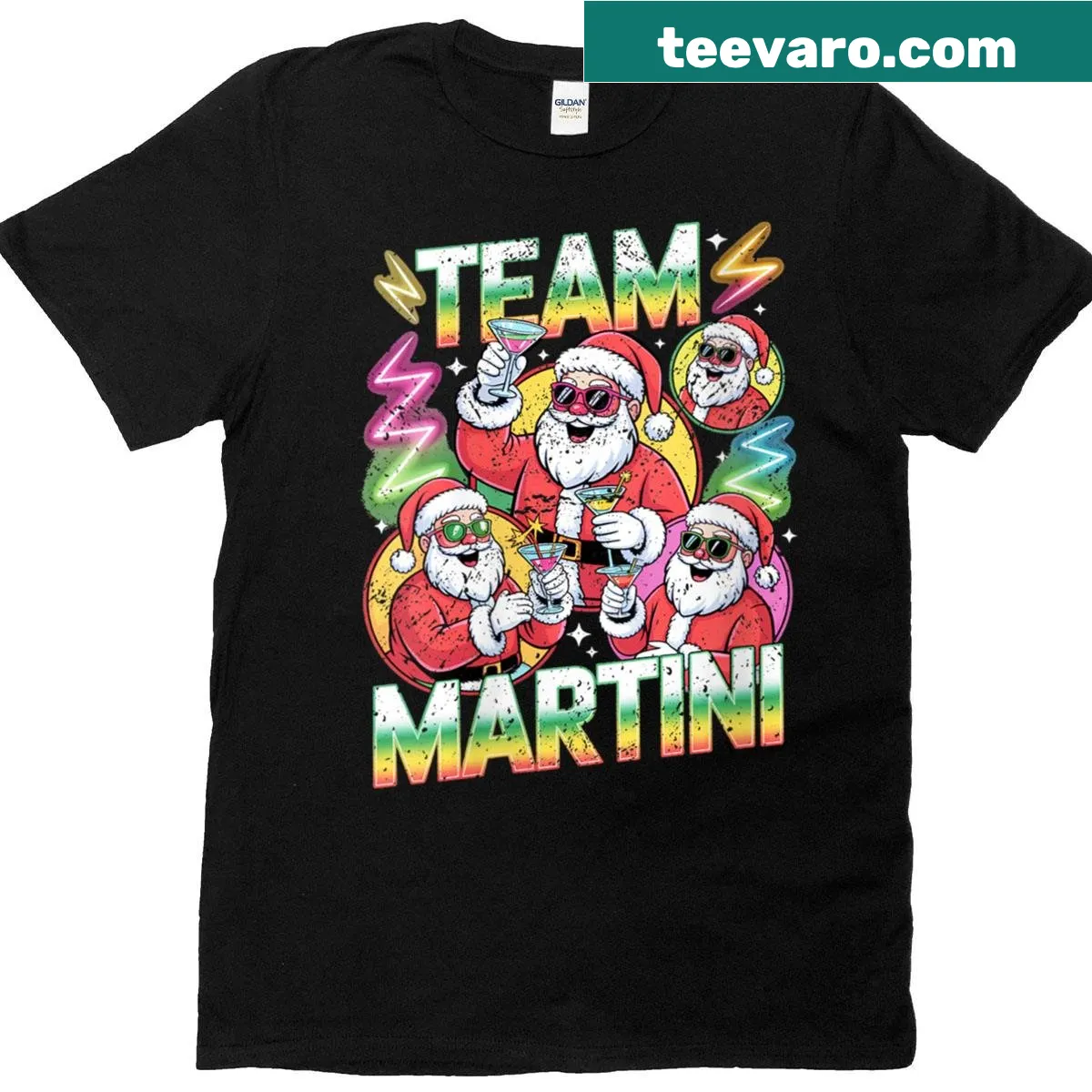 Funny women's Santa Squad holiday T-shirt with martini design — on a men's t-shirt