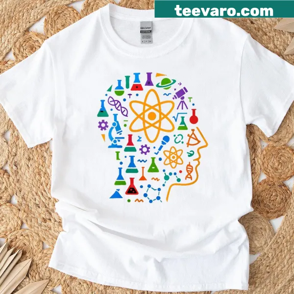 Abstract atom and lab icon design on a science-themed T-shirt
