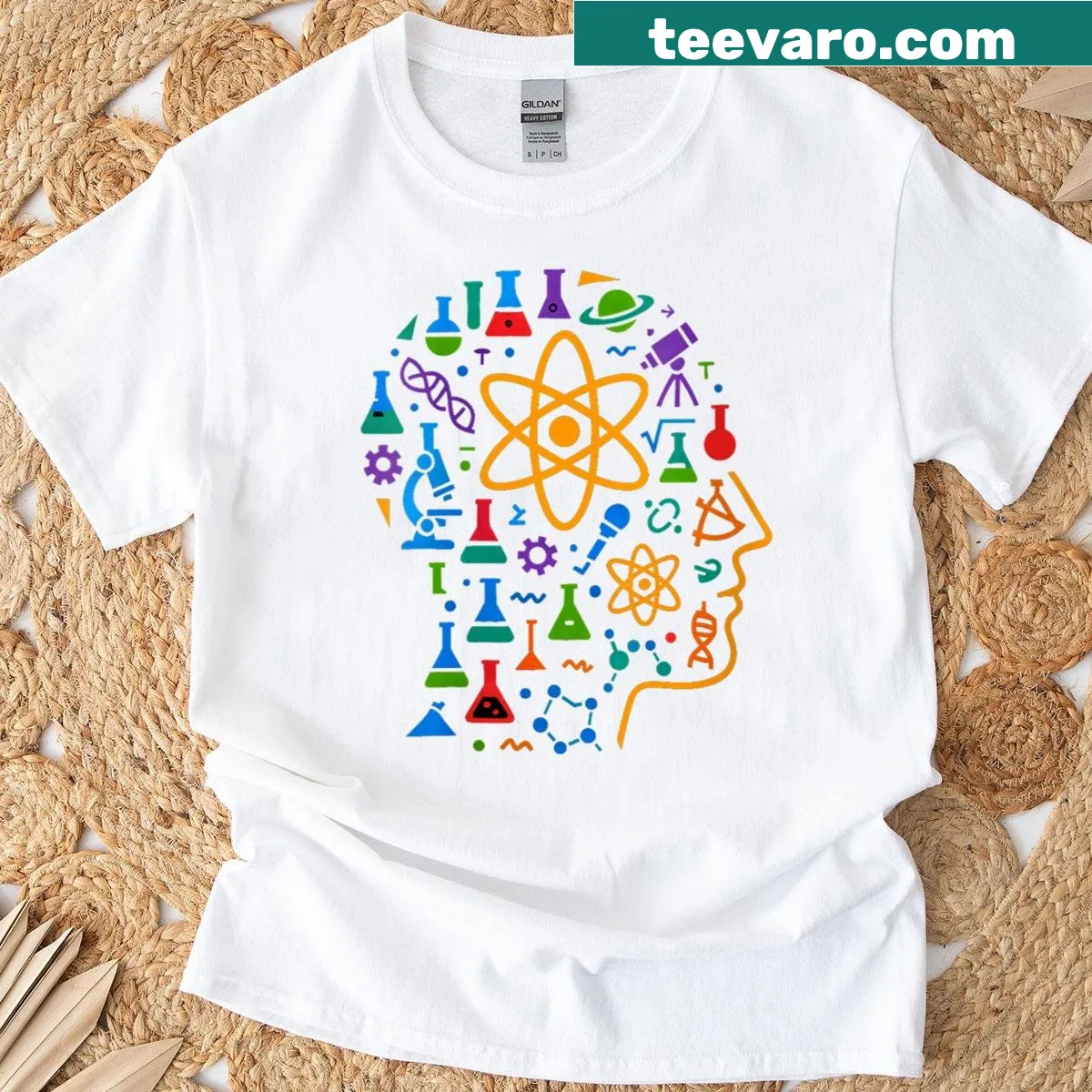 Abstract atom and lab icon design on a science-themed T-shirt — on a men's t-shirt