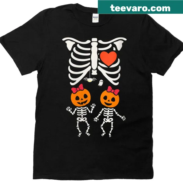 Skeleton Baby Twins T-shirt featuring cute Halloween illustrations for mom