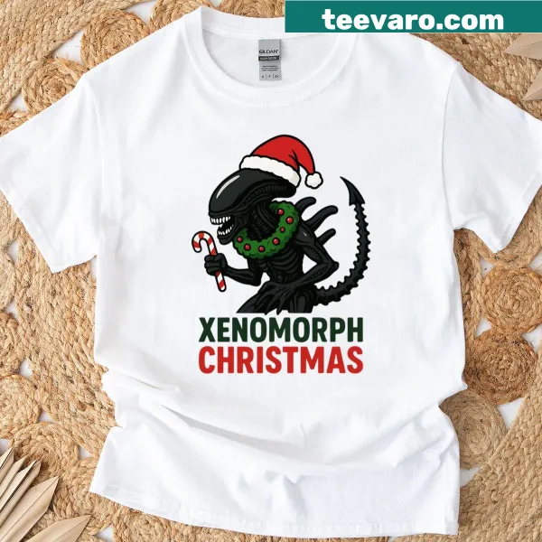 Christmas themed shirt featuring a Xenomorph design for a festive twist.
