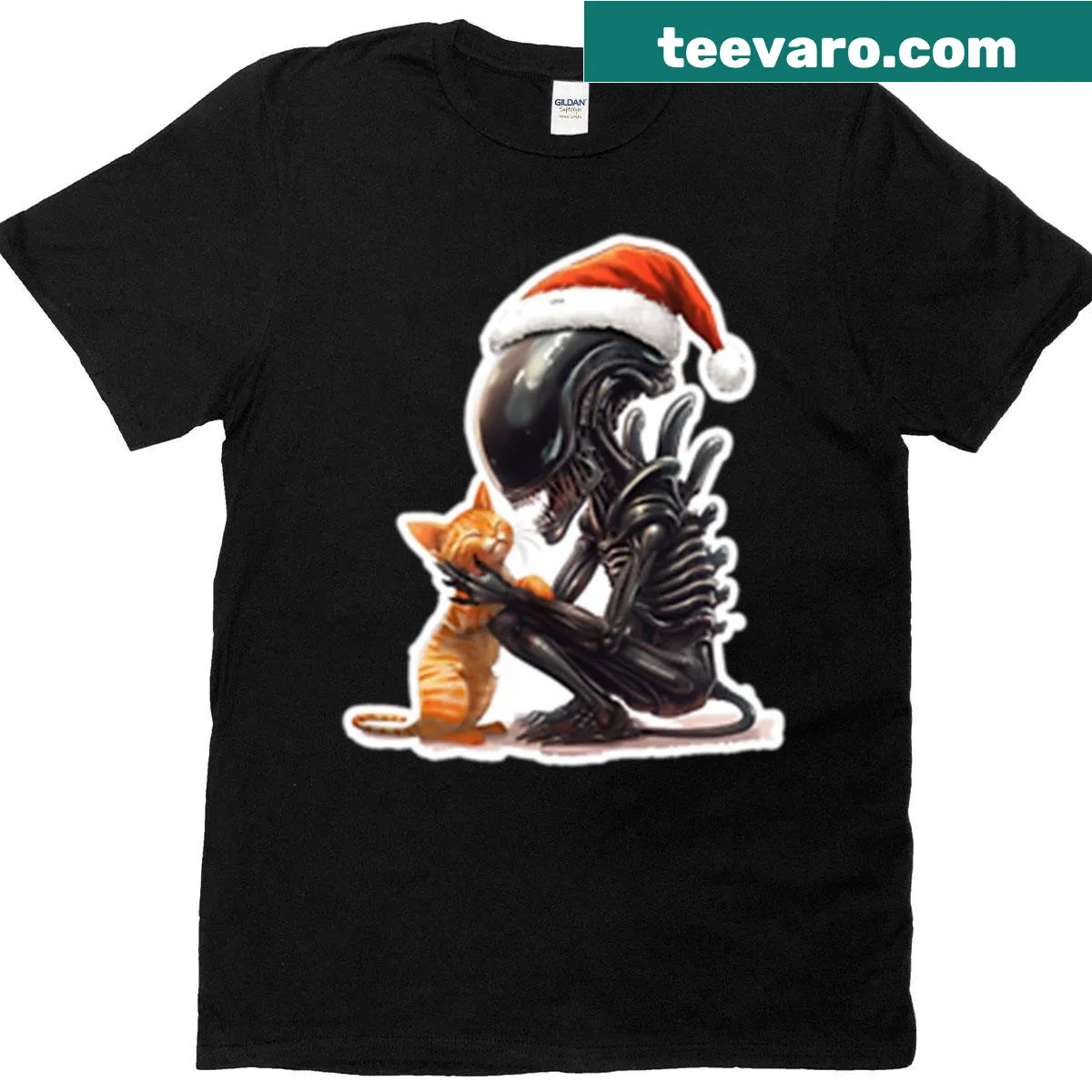 Playful cartoon design of a xenomorph and its new friend for a holiday theme. — on a men's t-shirt