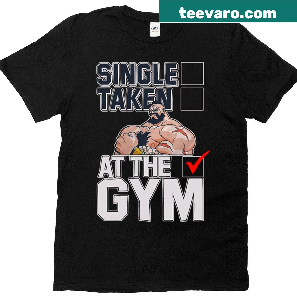 Graphic of Zangief lifting weights at the gym for a playful design. — on a men's t-shirt