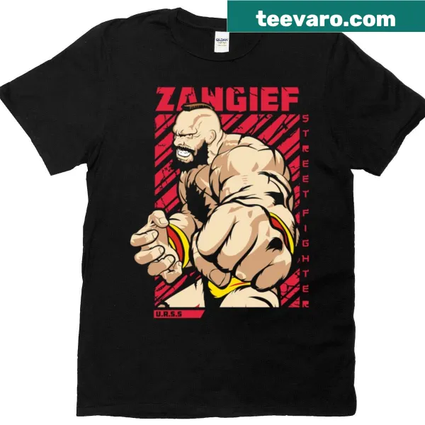 T-shirt featuring a legend design of Zangief from Street Fighter.