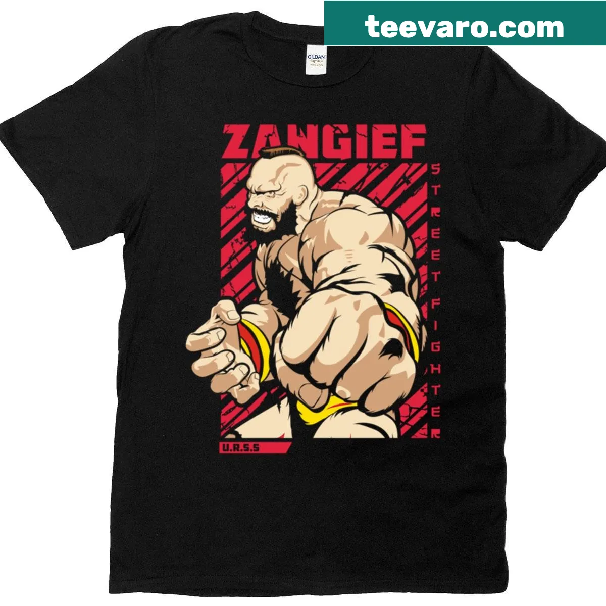 T-shirt featuring a legend design of Zangief from Street Fighter. — on a men's t-shirt