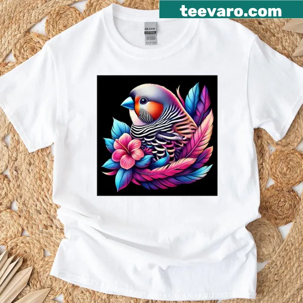 Illustration of a Zebra Finch and flower on a t-shirt
